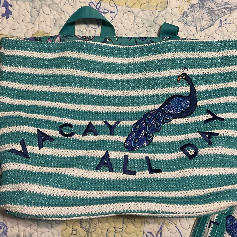 Vera Bradley Straw Tote Shoulder Bag Peacock Garden Print Set